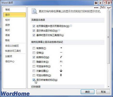 选中显示所有格式标记复选框