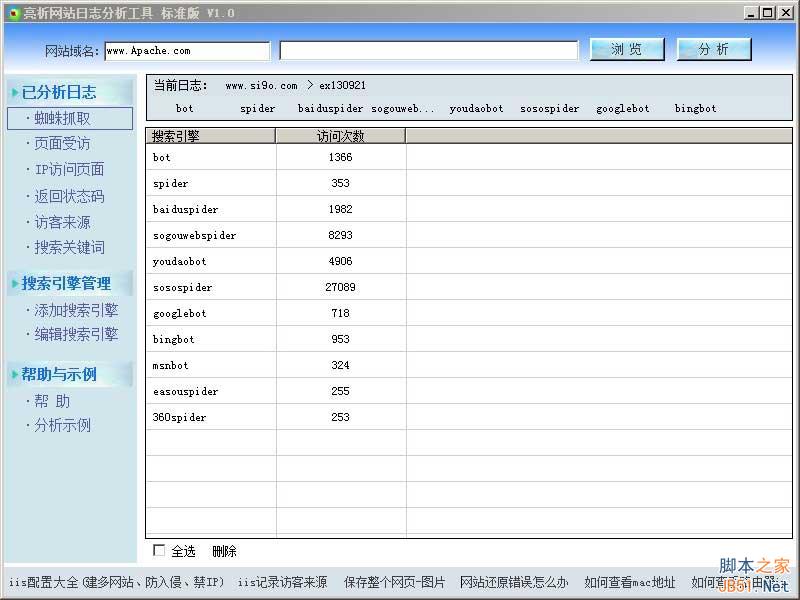 每个搜索引擎蜘蛛访问的总次数