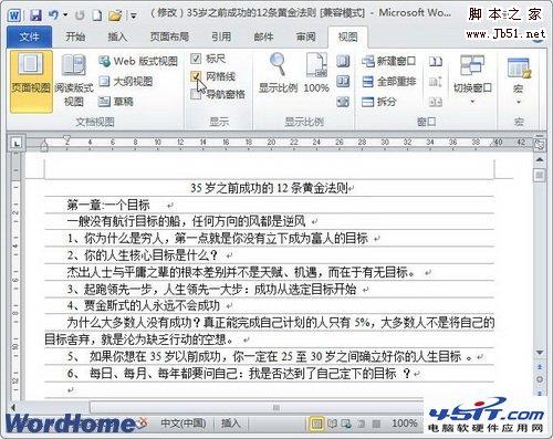 Word2010文档窗口网格线