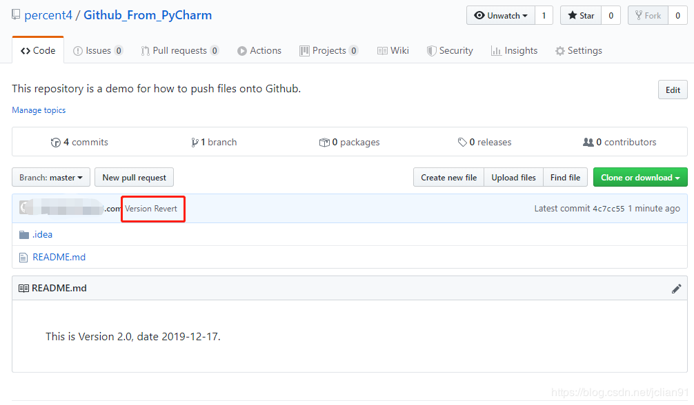 代码回滚,提交信息为”Version Revert“