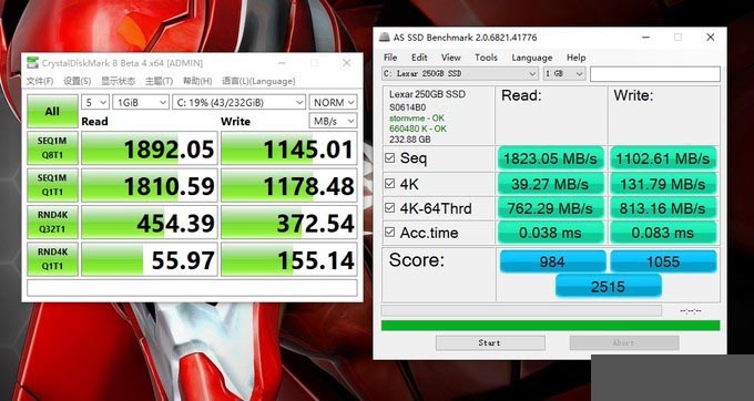 固态跑的是雷克沙NM610 250G的分熟,原厂那个512G低俗盘就没兴趣跑了(也就470/440的样子)