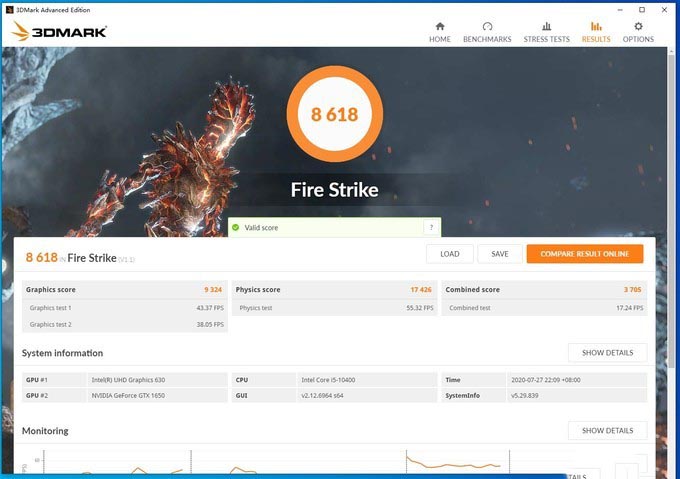 3DMark Fire Strike得分8618,显卡分9324,物理分17426