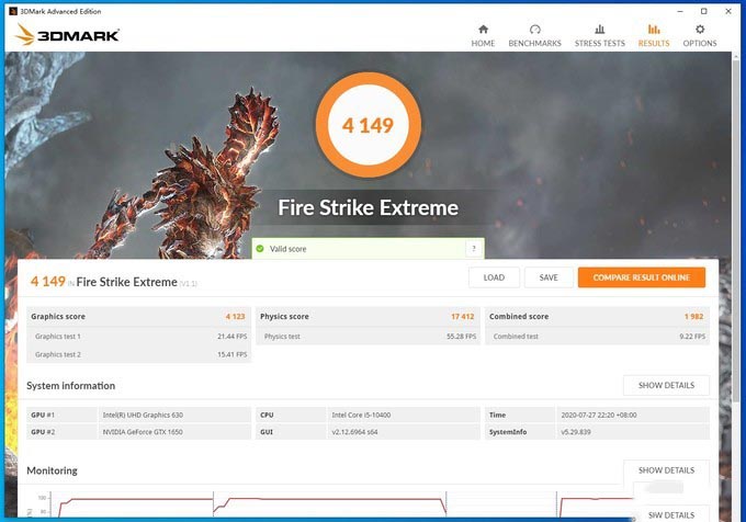 3DMark FSE得分4149,显卡分4123,物理分17412