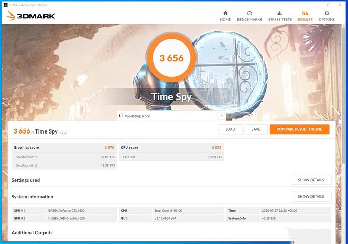 3DMark Time Spy得分3656,显卡分3378,物理分6873
