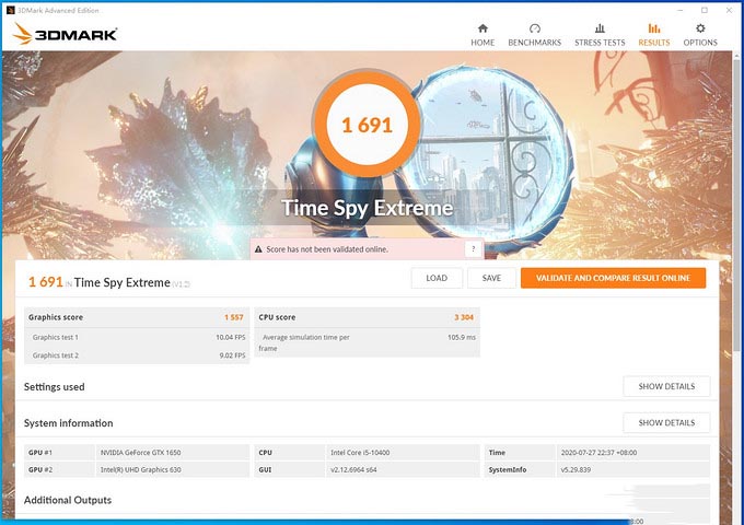 3DMark TSE得分1691,显卡分1557,物理分3304