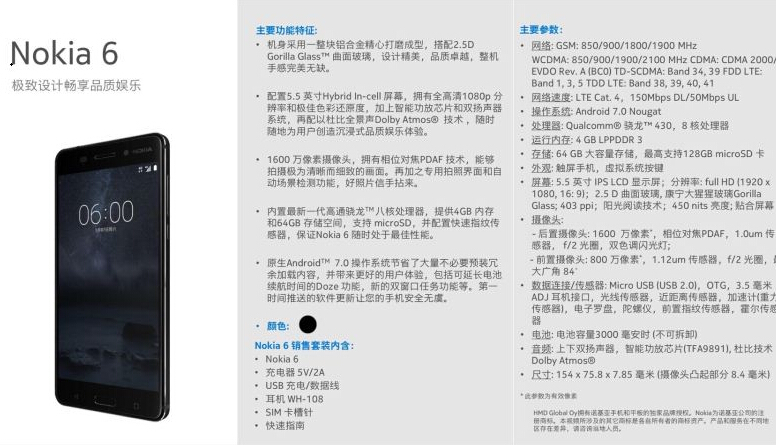中国首发！一张图看完诺基亚6完整配置参数