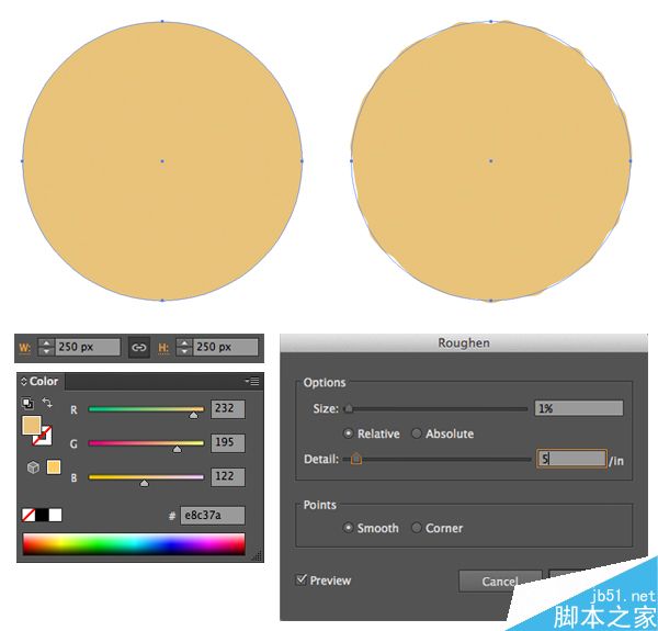 AI绘制写实牛奶杯和燕麦饼干 脚本之家 AI实例教程make a circle cookie base and apply Roughen effect