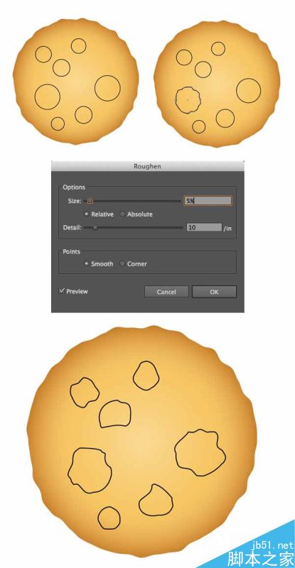 AI绘制写实牛奶杯和燕麦饼干 脚本之家 AI实例教程create dimples from circles and Roughen effect