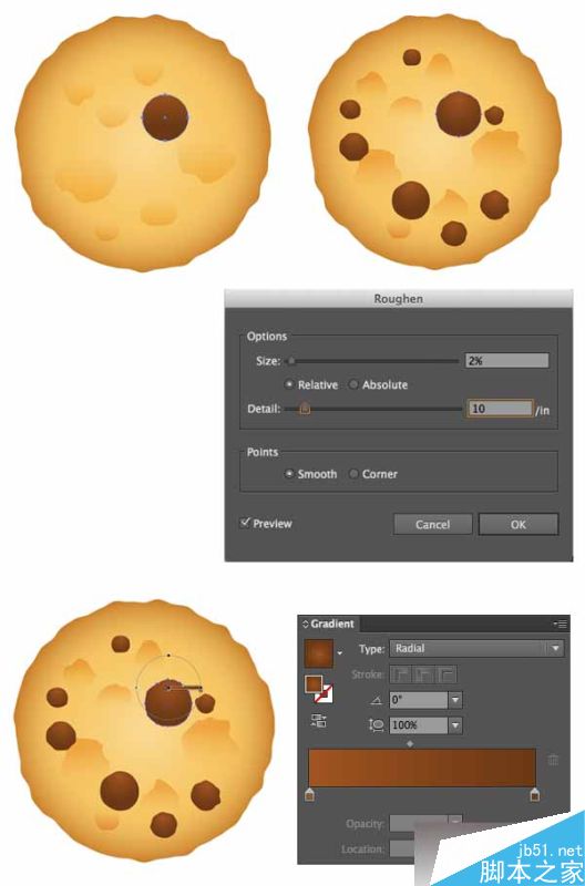 AI绘制写实牛奶杯和燕麦饼干 脚本之家 AI实例教程cerate chocolate ships with Roughen effect and radial gradient