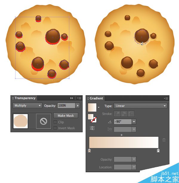 AI绘制写实牛奶杯和燕麦饼干 脚本之家 AI实例教程add shadows beneath the chocolate chips in multiply mode