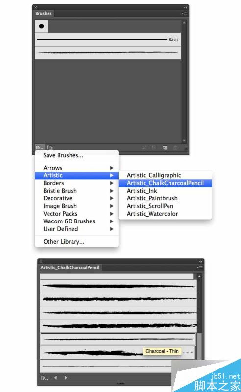 AI绘制写实牛奶杯和燕麦饼干 脚本之家 AI实例教程find the Charcoal Thin brush in the brush library