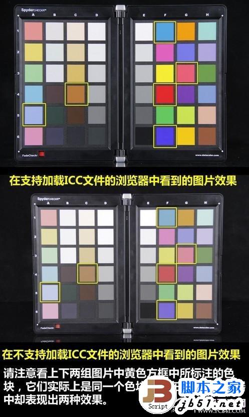 采用Adobe RGB色彩空间拍摄同一张色卡，上传到网上后使用不同浏览器观看的效果