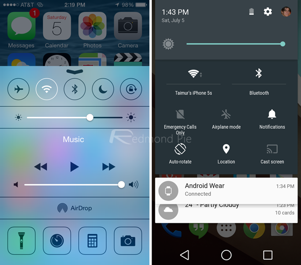 iOS8/Android L控制中心快捷按钮对比