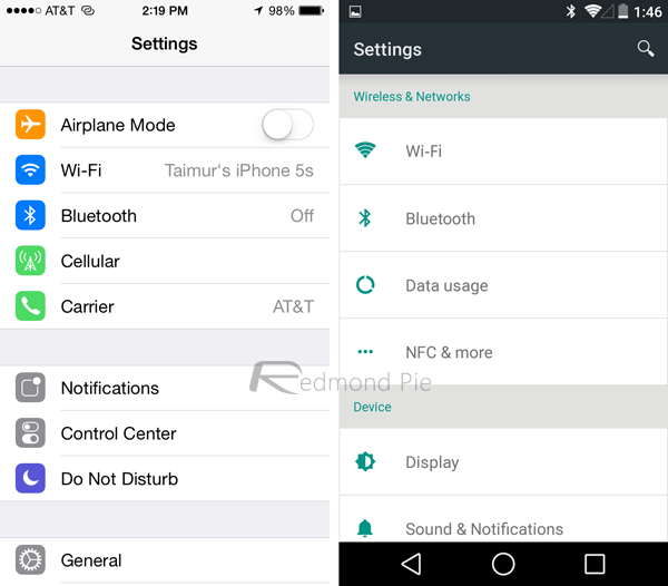 iOS8/Android L设置界面对比