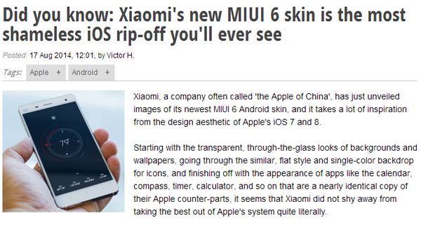 外媒:小米MIUI 6是对苹果iOS最无耻的抄袭