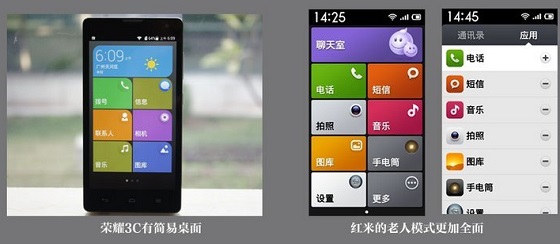 华为荣耀3C和红米手机简易模式对比