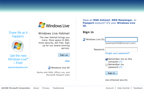 2008年的Hotmail网站