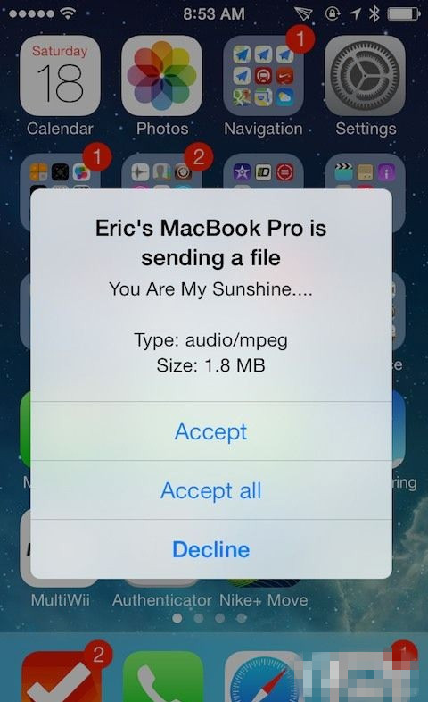 iPhone也能用蓝牙了 iOS8.1.2越狱插件AirBlue Sharing更新
