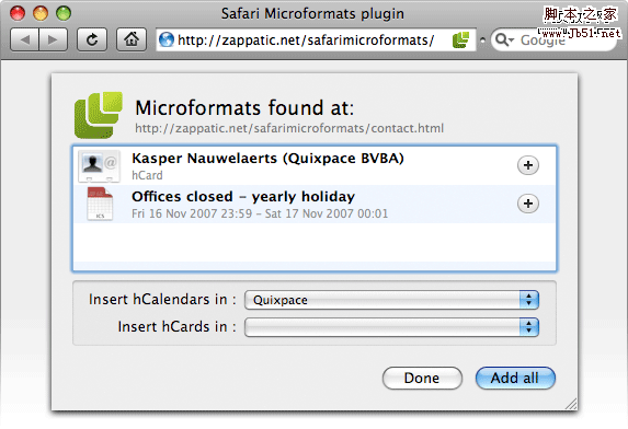 Safari Microformats Plugin (示意图)