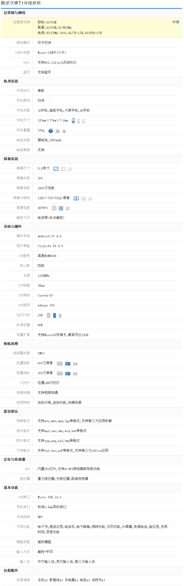 酷派t1电信版参数怎么样？酷派t1电信版参数配置1