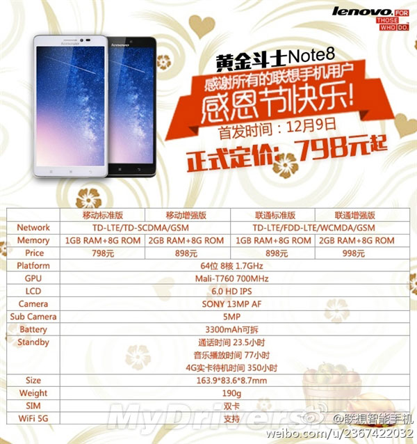 798元!联想发布64位八核双4G机