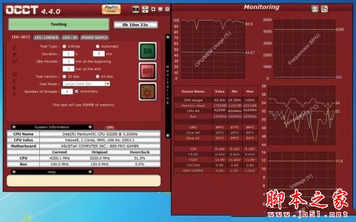 Pentium G3258超频至4.2GHz,运行OCCT拷机软件10分钟,记录CPU核心温度。 Pentium G3258超频至4.2GHz,运行OCCT拷机软件10分钟,记录CPU核心温度。