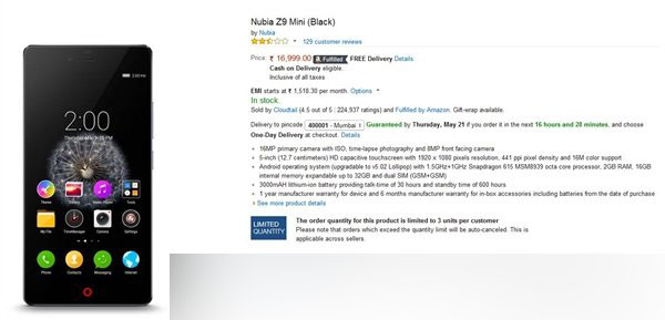 nubia印度开卖Z9 mini 售价出炉