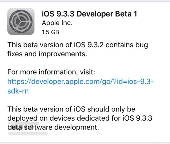 苹果iOS9.3.3 Beta1开发者预览版发布