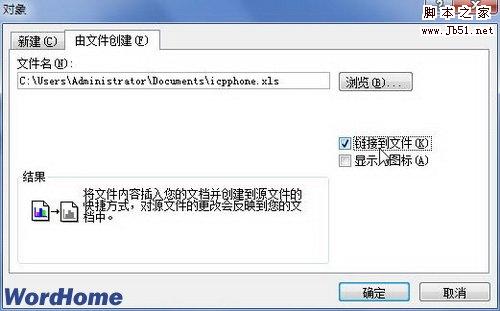 选中链接到文件复选框