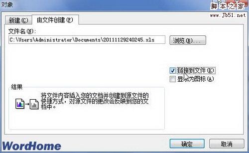 选中链接到文件复选框